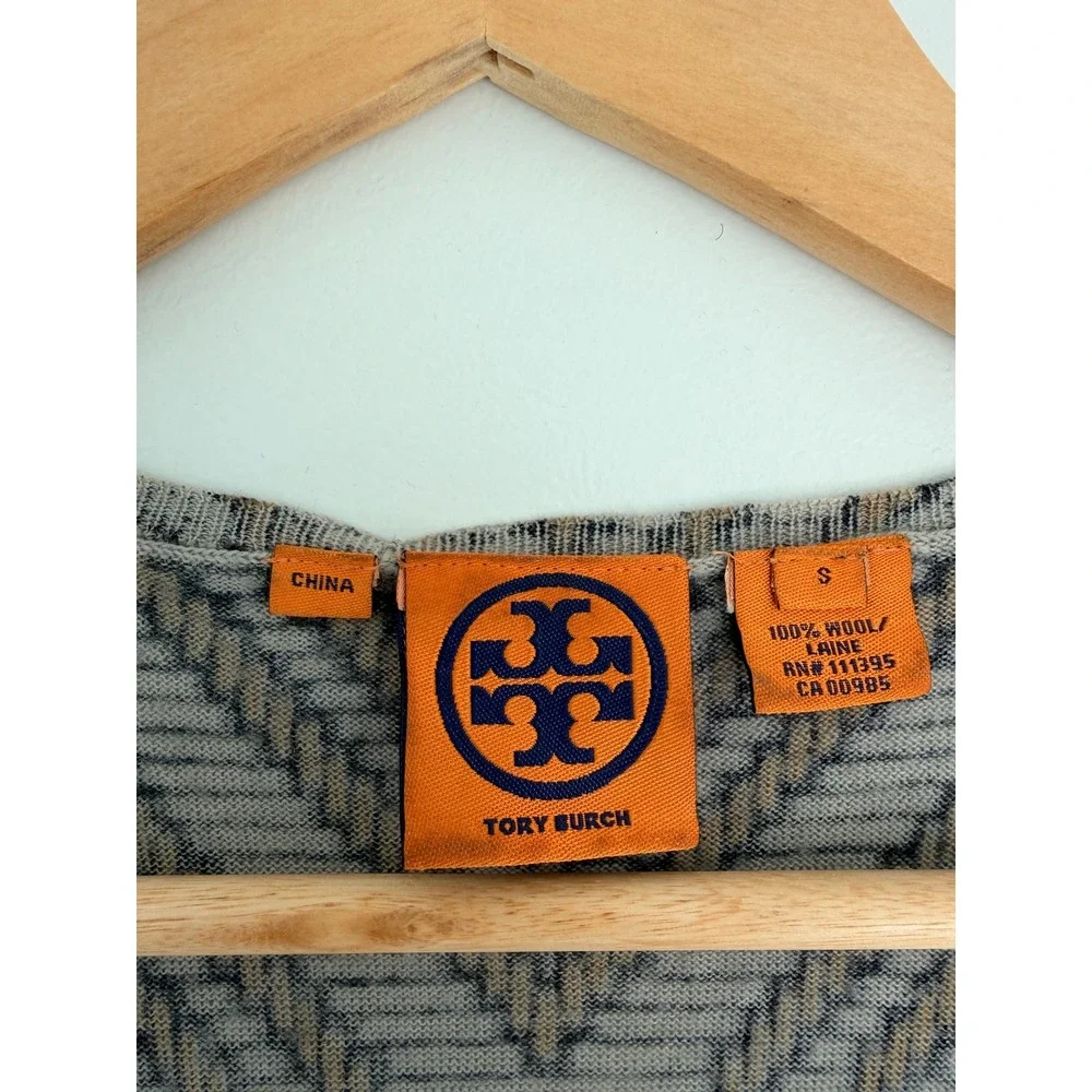 Tory Burch Wool Cardigan Small Gray‎ Tan Geometric Diamond Button Up Sweater